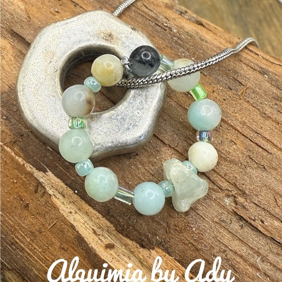 Amazonite and rustic silver ring pendants necklace - Picture 1 of 2